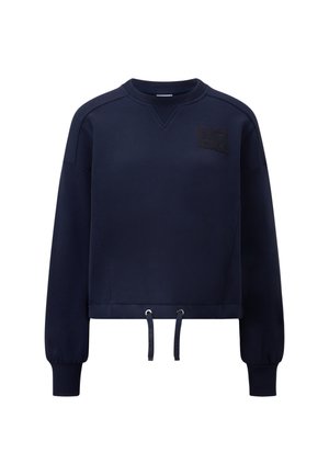 Navy cropped sweatshirt with ribbed neckline and cuffs. Features drawstrings at the hem and a subtle diagonal pocket detail. Smooth texture.
