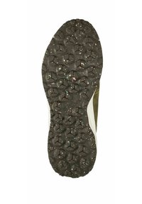 Semelle de chaussure en caoutchouc noir avec des motifs hexagonaux et des éclats colorés. Les côtés passent d'un brun foncé à un brun clair. Texturée pour une meilleure adhérence.