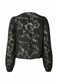 Juoda permatoma palaidinė su gėlių siuvinėjimu, turinti ilgas pūstas rankoves ir paslėptą užtrauktuką nugaroje. Visas dizainas tekstūruotas.