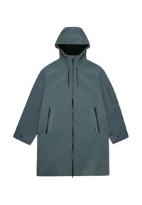 Manteau long résistant à l'eau en teal atténué avec un col haut, fermeture éclair, deux poches latérales et une finition en tissu texturé.