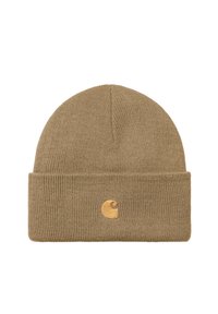Gorro de punto en color beige con un puño doblado, que presenta un pequeño logo dorado en un lado. Fabricado con una suave tela texturada.