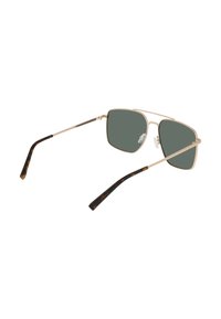Gouden metalen zonnebril met vierkante groene lenzen. Tortoiseshell-patroon op de uiteinden van de pootjes en een dunne metalen montuur. Eenvoudig design, lichte constructie.