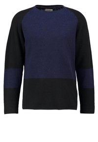 Långärmad tröja med rund halsringning, navyblå bröst och svarta ärmar, fåll och nedre del av kroppen, med en navyblå rand på ärmarna.