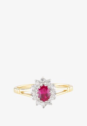 Goldring mit einem ovalen Rubin als Zentrum, umgeben von einem Halo aus runden klaren Diamanten, mit einem schlanken Band und strukturiertem Setting.
