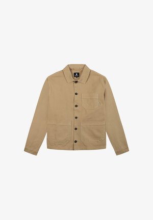 Giacca marrone chiaro in cotone, con colletto, bottoni frontali e due grandi tasche anteriori oltre a una tasca sul petto.