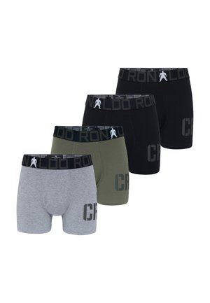 Vier herenboxershorts in grijs, groen en twee zwarte paren, allemaal met zwarte taillebanden met een silhouetlogo en de tekst "CR7 RONALDO".