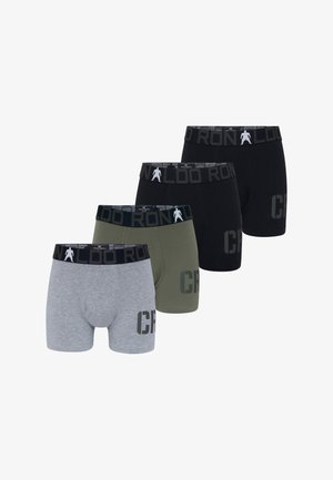 Vier herenboxershorts in grijs, groen en twee zwarte paren, allemaal met zwarte taillebanden met een silhouetlogo en de tekst "CR7 RONALDO".