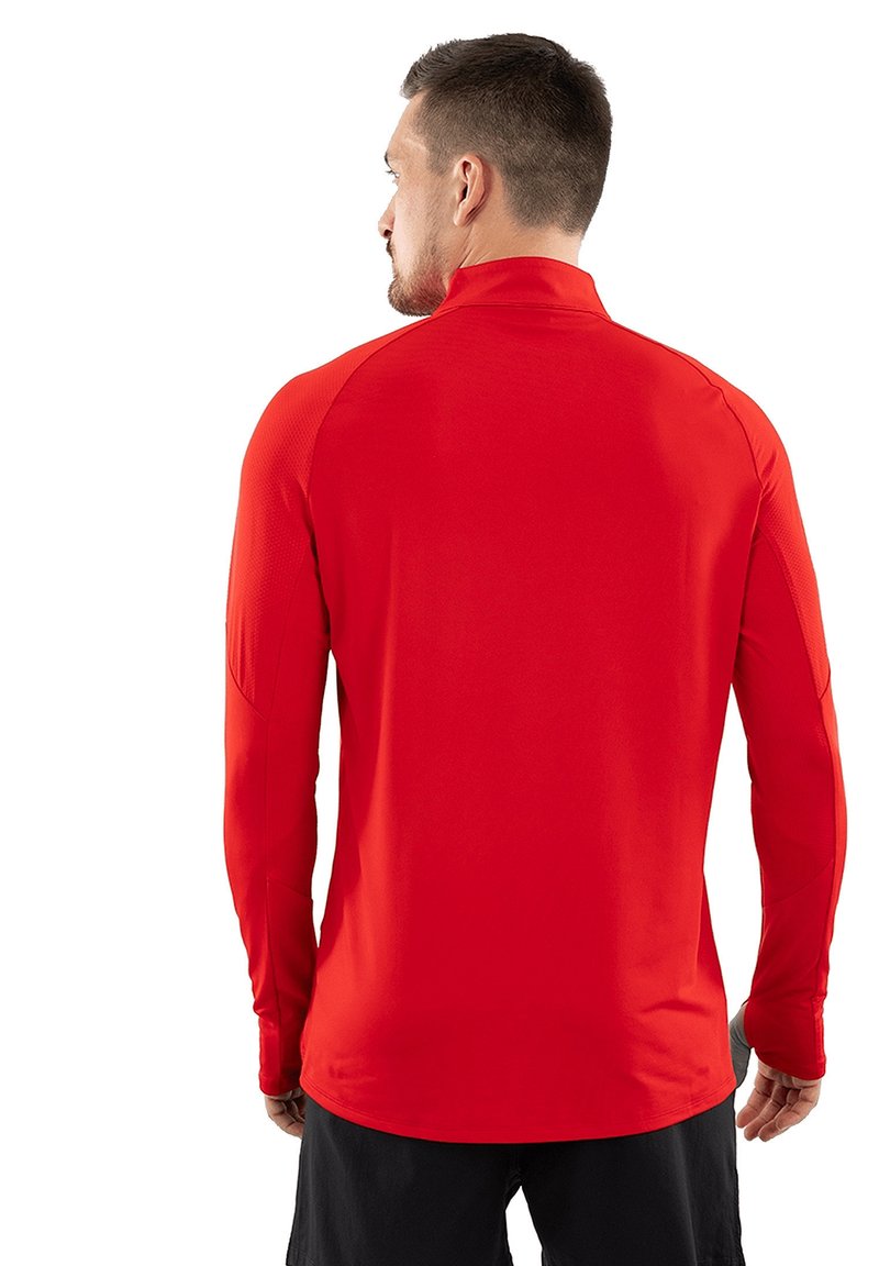 Rood lang mouw sportshirt met een hoge kraag, met een gladde textuur en een aansluitend ontwerp. Naaddetails langs de schouders.