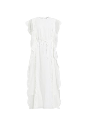 Biała sukienka z krótkimi, falbaniastymi rękawami, regulowanym w pasie, falistymi bocznymi panelami oraz delikatnym koronka u brzegów.