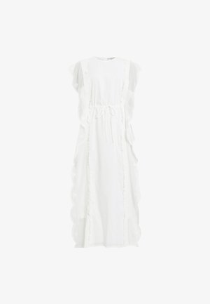 Witte jurk met korte, geraffineerde mouwen, koordsluiting in de taille, geschulpte zijkanten en delicate kantafwerking langs de randen.