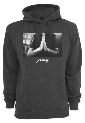 Tmavosivá mikina s kapucňou so predným grafickým motívom rúk v modlitebnej polohe, s textom "modli sa" pod ním. Vyrobená z mäkkej, štruktúrovanej látky.