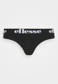 Black thong with a wide elastic waistband featuring white “ellesse” branding. Made from soft, stretchy fabric for comfort.