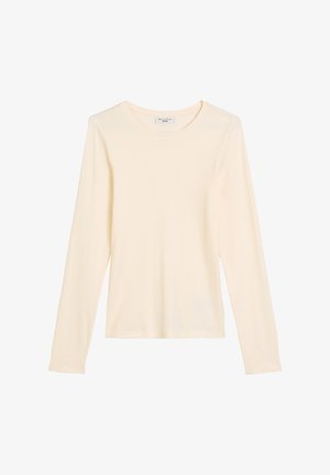 Long-sleeve, cream-colored top made of soft, lightweight fabric. Features a rounded neck and fitted silhouette. No visible patterns or embellishments.