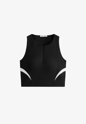 Black sports crop top with a high neckline, features white accent stripes on the sides and a front zipper for closure. Made from stretchy material.