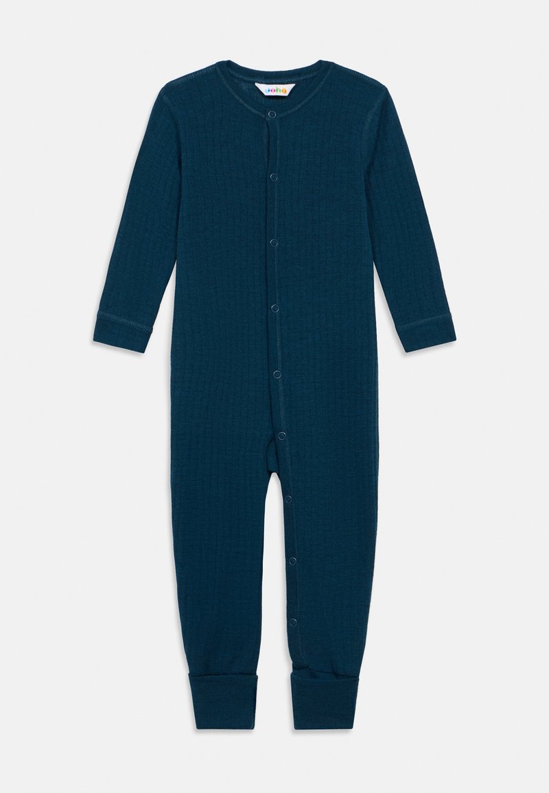 Tmavomodrý detský overal s dlhými rukávmi, s patentkami na prednej strane a preloženými manžetami pri členkoch a zápästiach.