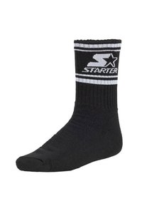 Schwarze Crew-Socke mit weißen Streifen am oberen Rand und einem weißen "Starter"-Logo mit einem Stern am Bündchen.