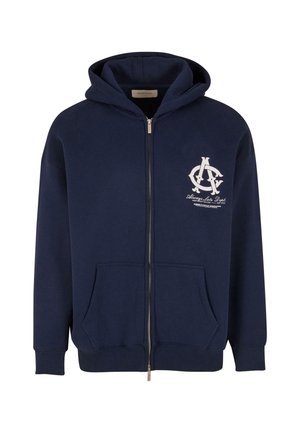 Navy zip-up hoodie made of fleece material, featuring a kangaroo pocket, drawstring hood, and white logo design on the left chest area.