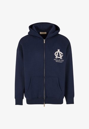 Marineblauer Zip-Hoodie aus Fleece-Material, mit einem Kängurutasche, einer Kapuze mit Kordelzug und einem weißen Logo-Design auf der linken Brustseite.