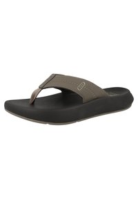 Sandale en plastique marron avec une sangle texturée, semelle en caoutchouc et un pied contourné. Présente le mot "REEF" embossé sur la sangle.