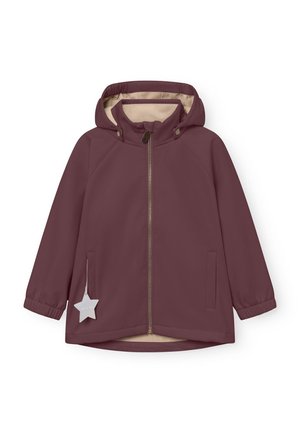 Veste bordeaux avec capuche, fermeture éclair à l'avant, poignets élastiqués et doublure intérieure beige. Présente une étiquette en forme d'étoile sur une poche latérale.
