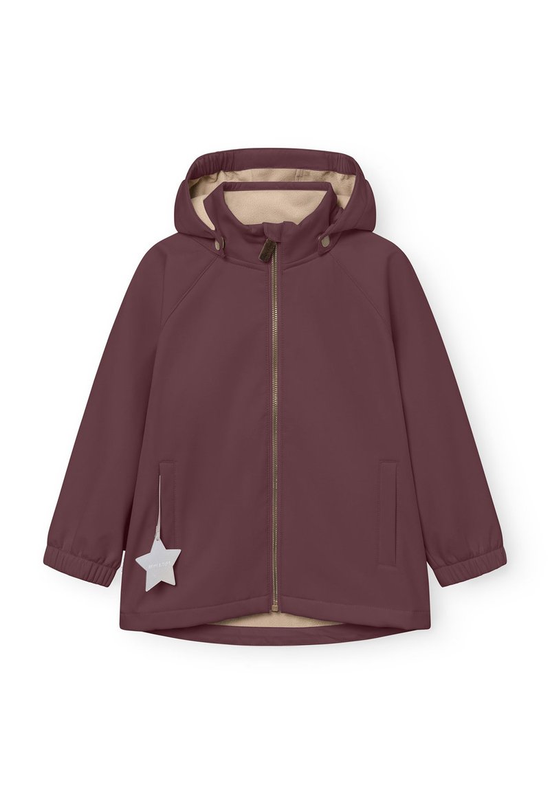 Chaqueta burdeos con capucha, cremallera delantera, puños elásticos y forro interior beige. Presenta una etiqueta en forma de estrella en un bolsillo lateral.