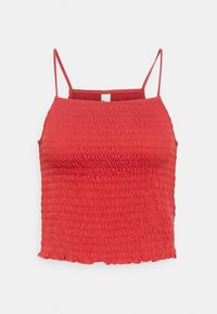 Top cropped vermelho com detalhes em franzido e alças finas ajustáveis, apresentando uma superfície texturizada e uma bainha reta. Tecido leve.