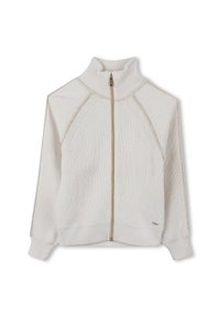 Λευκό φούτερ με φερμουάρ και ψηλό γιακά, με ραβδωτή υφή, διαγώνιες ραφές και λεπτομέρειες με χρυσό φερμουάρ. Μαλακό υλικό και εφαρμοστή σχεδίαση.