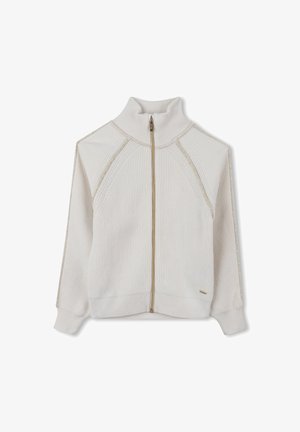 Bijela dukserica na zip s visokom kragnom, rebrastom teksturom, dijagonalnim šavovima i zlatnim detaljima na zipu. Mekan materijal i oblikovani kroj.