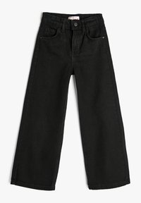 Sorte brede jeans lavet af denim, med en front lukning med knap, bæltestropper og fem lommer. Stoffet har en let struktureret overflade.