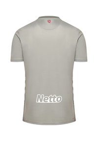 Graues athletisches Kurzarmshirt aus atmungsaktivem Stoff, mit rundem Ausschnitt und weißer "Netto"-Markierung auf der Rückseite.