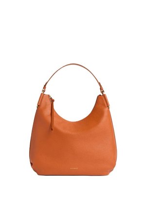 Borsa a tracolla in pelle marrone con manico singolo, dettaglio con cerniera e marchio minimalista al centro inferiore.