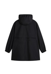 Giacca nera impermeabile con cappuccio, polsini elasticizzati e vestibilità ampia. Presenta una ventola sul retro e una trama liscia e opaca.