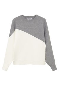 Gray and white color-blocked sweatshirt featuring a crew neckline, long sleeves, and a soft texture, with a diagonal design across the chest.