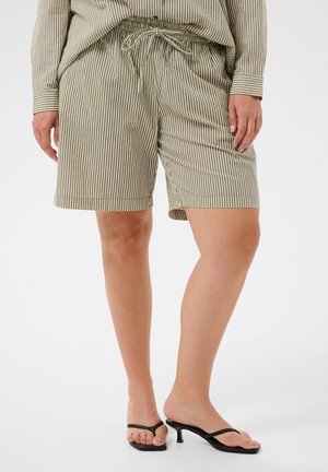 Person trägt beige und weiß vertikal gestreifte Shorts mit Kordelzug, kombiniert mit schwarzen Sandalen mit Absatz vor weißem Hintergrund.