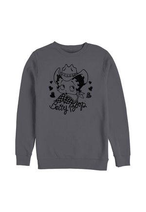Mørkegrå sweatshirt med sort Betty Boop, der bærer en cowboyhat og ternet tørklæde, omgivet af små hjerter og signaturtekst nedenunder.