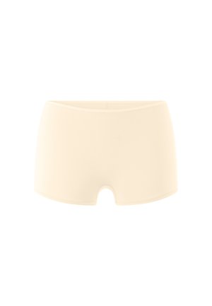 Culotte garçon beige sans couture avec une large ceinture et des ouvertures de jambe basses sur fond blanc.