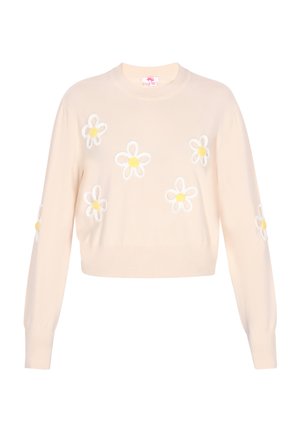 Bež adbani pulover s ribanim robom, ki na sprednji strani in rokavih vsebuje vezenje belih cvetov z rumenimi središči. Mehka pletena tekstura.