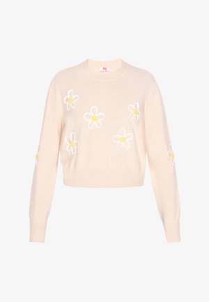 Maglione corto beige con orlo a coste, caratterizzato da fiori bianchi ricamati con centri gialli sul davanti e sulle maniche. Morbido tessuto a maglia.