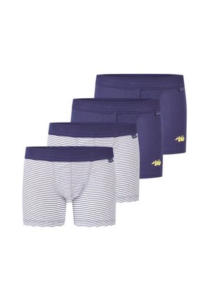 Set aus vier Boxershorts: zwei einfarbige in Marineblau, zwei weiße mit Marineblauen Streifen. Alle verfügen über ein weiches Material, elastische Taillenbündchen und ein kleines Logosymbol.