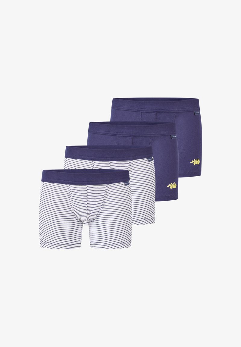 Set di quattro boxer: due navy solidi, due bianchi con righe navy. Tutti presentano un tessuto morbido, vita elastica e un piccolo dettaglio del logo.