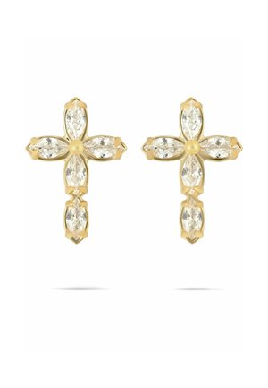 Goldene Ohrringe in Kreuzform mit jeweils vier marquisiert geschliffenen klaren Edelsteinen, die in jedem Kreuzarm angeordnet sind.