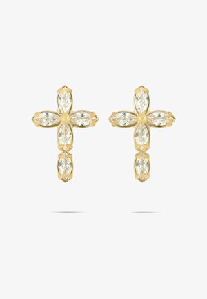 Gyldne korsformede øreringe med fire marquise-slebne klare ædelstene arrangeret i hver arm af korset.