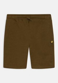 Olivgrüne Baumwollshorts mit elastischem Bund und Zugband. Sie verfügen über ein kleines gelbes Logo auf dem linken Bein und gestickte Saumdetails.