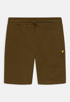 Shorts en coton vert olive avec une taille élastique et un cordon de serrage. Comprend un petit logo jaune sur la jambe gauche et des détails de couture au niveau de l'ourlet.