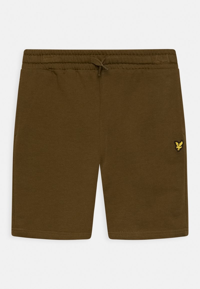 Olivgrüne Baumwollshorts mit elastischem Bund und Zugband. Sie verfügen über ein kleines gelbes Logo auf dem linken Bein und gestickte Saumdetails.