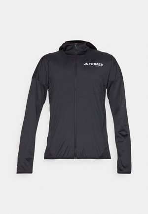 Casaco Terrex preto com mangas longas, fecho de correr à frente e um design ajustado. Feito de material leve e suave; apresenta um capuz e detalhes com o logótipo.