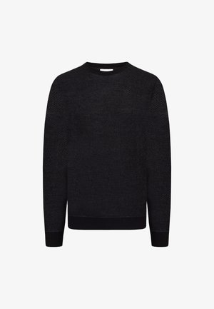 Black knitted sweater with a textured weave, crew neck, and ribbed cuffs and hem. Simple design without additional patterns or embellishments.