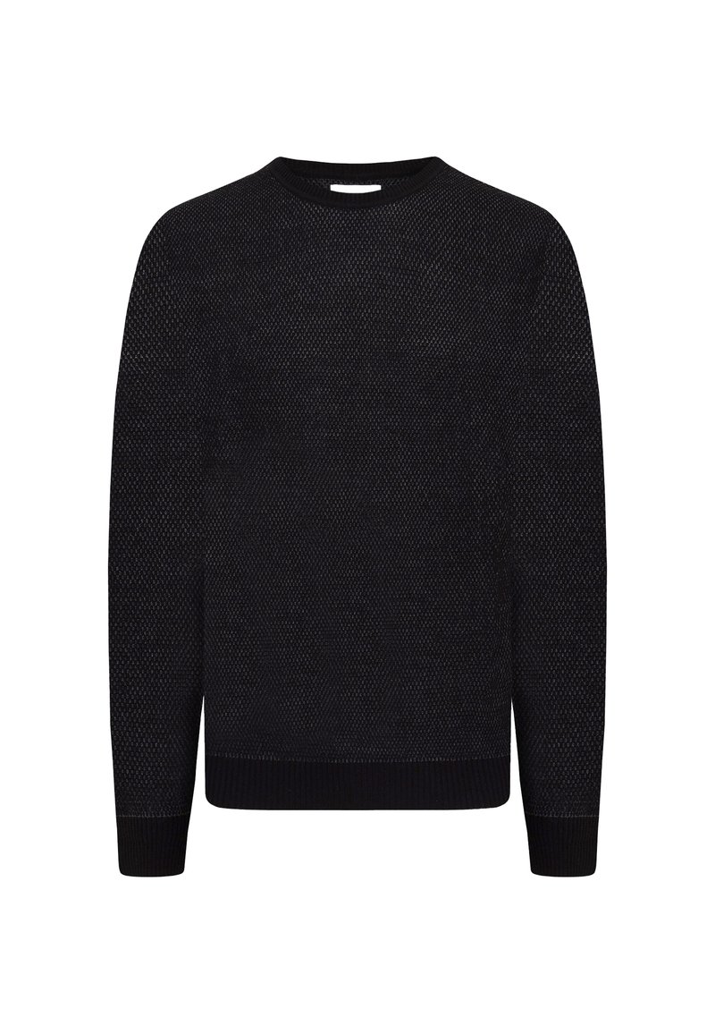 Black knitted sweater with a textured weave, crew neck, and ribbed cuffs and hem. Simple design without additional patterns or embellishments.