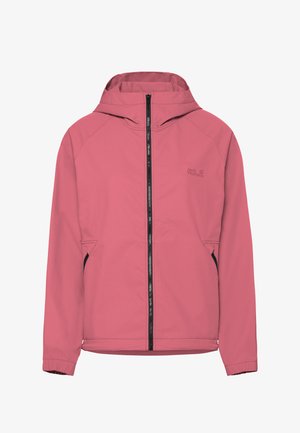Roze gewatteerd jack met capuchon, zwarte centrale ritssluiting, zijzakken, elastische manchetten en een subtiel "Jack Wolfskin"-logo op de borst.