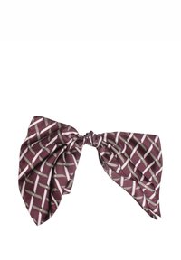 Fascia per capelli in seta bordeaux con un motivo geometrico in rosa chiaro e grigio. Il tessuto ha una texture liscia con una finitura lucida.